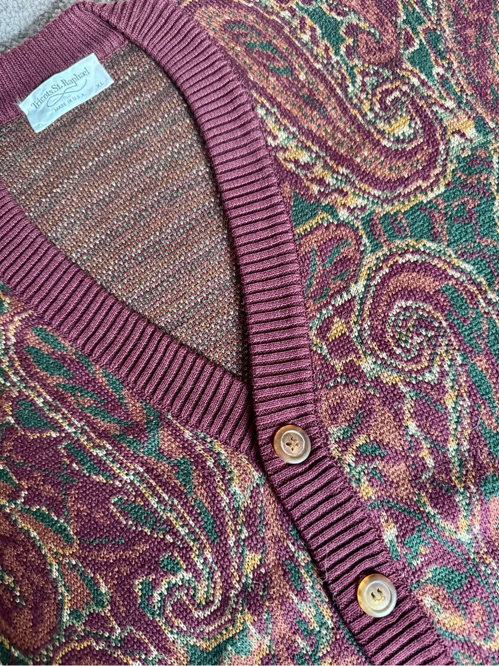 Vintage Paisley Button-Up Cardigan in Burgundy and Green - Picture 7 of 9